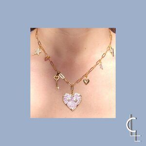 Pink heart charm necklace on paperclip chain